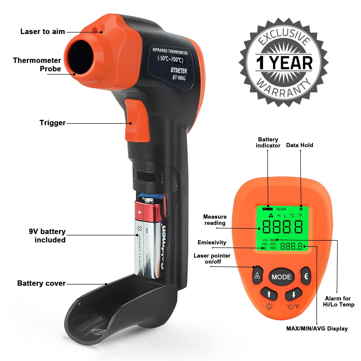 BTMETER BT-980G High Non-Contact Digital Infrared Thermometer, IR Laser Temp Gun 58℉-1292℉(NOT for Human Temp) - btmeter-store