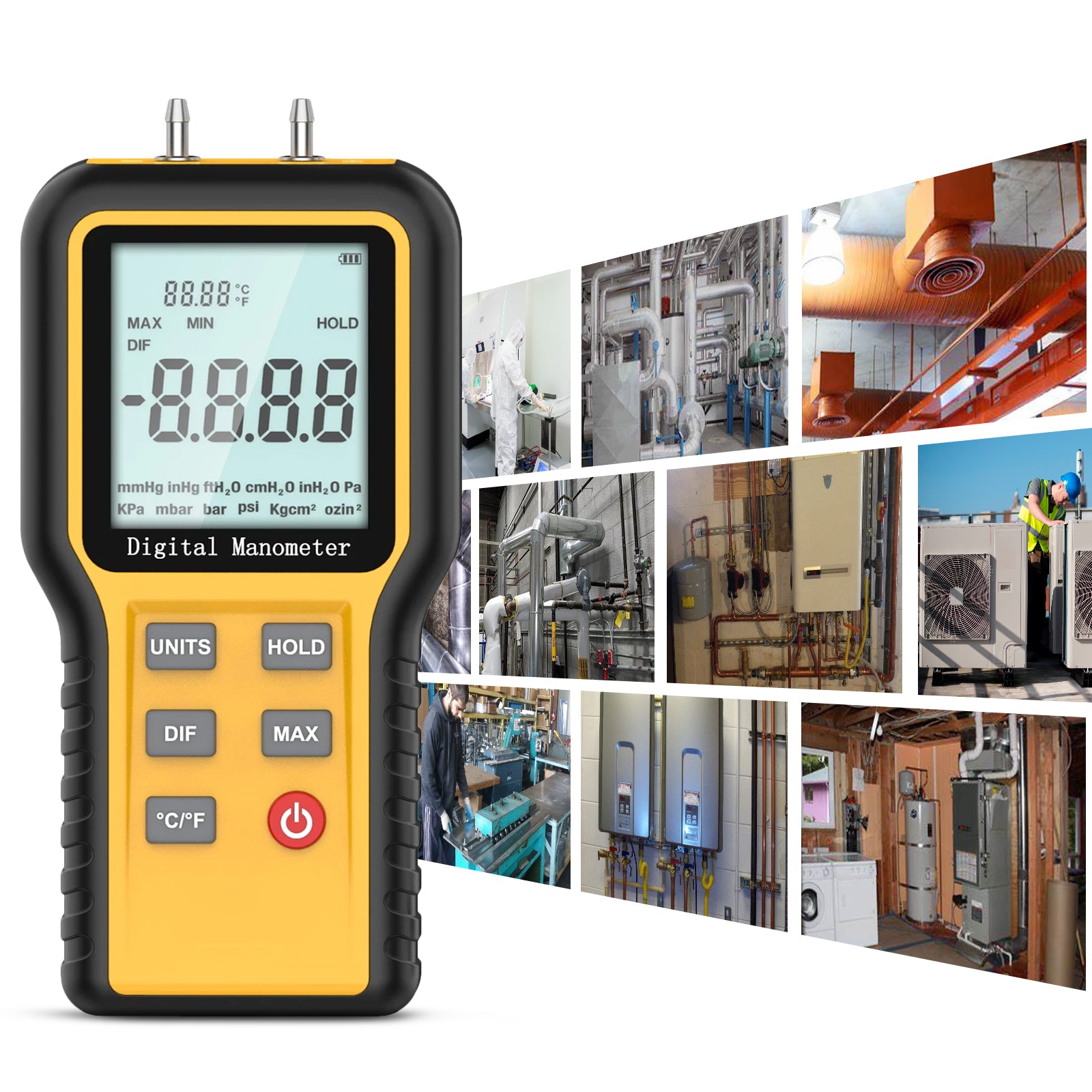 BTMETER BT-QX1201 Manometer Gas Pressure Meter, Dual Port Manometro Check Air Flow Pressure for HVAC Gas Furnace, 12 Measure Units - btmeter-store