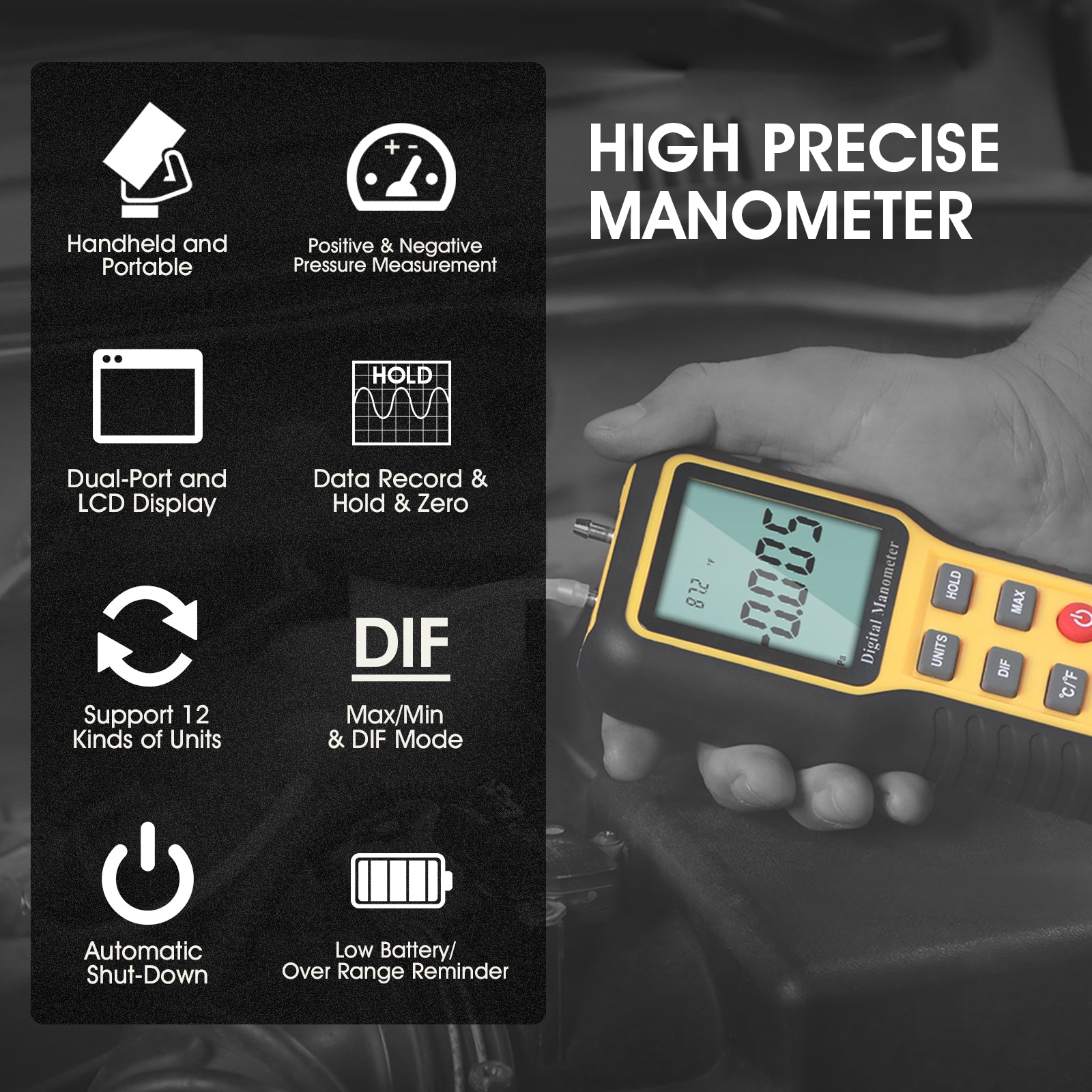 LCD Digital Manometer Dual Port HVAC Differential Air Gas Pressure Gauge  Meter