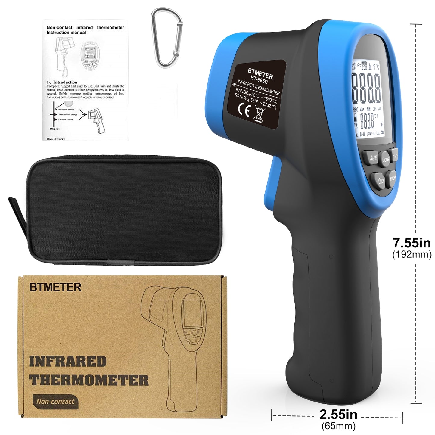 BTMETER BT-980B Non-Contact Infrared Thermometer Digital Temperature Gun  Measure 32℃～43℃/ 89 to109℉(NOT for Human)