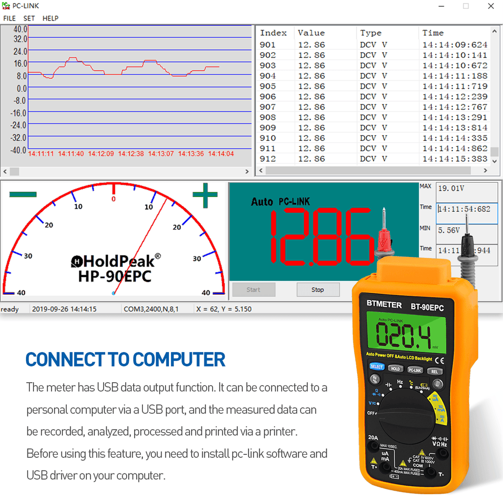 BTMETER BT-90EPC Digital Multimeter, w/ USB to PC Link Sync for Data Logging - btmeter-store