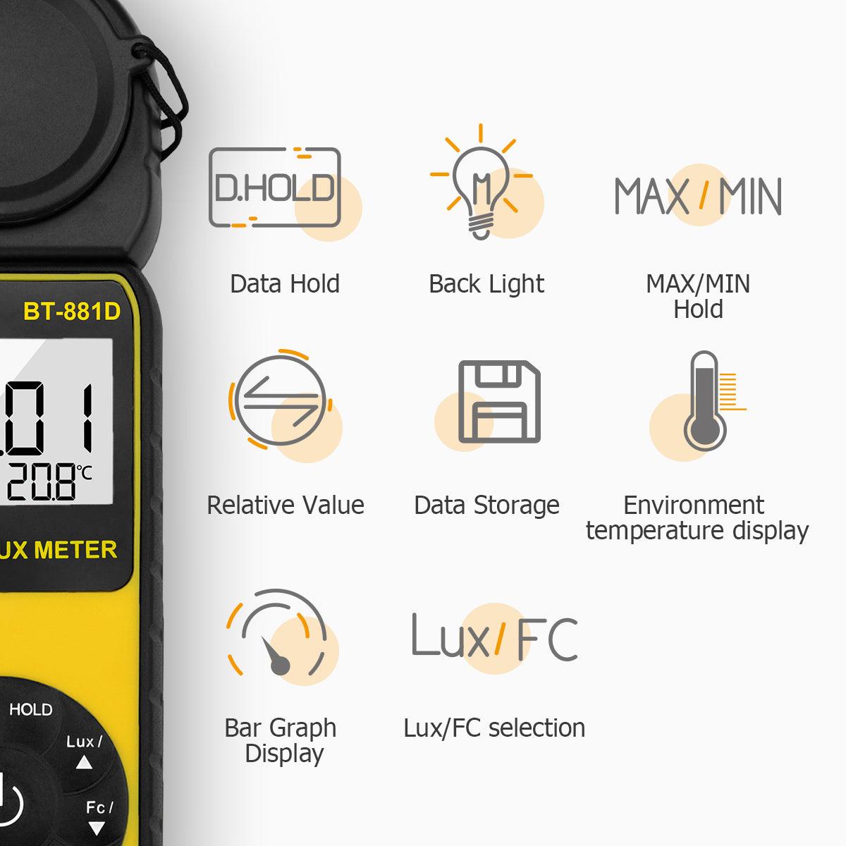 BTMETER BT-881D LUX Meter 0.1LUX-400000LUX Range Light Meter, Digital LUX Meter - btmeter-store
