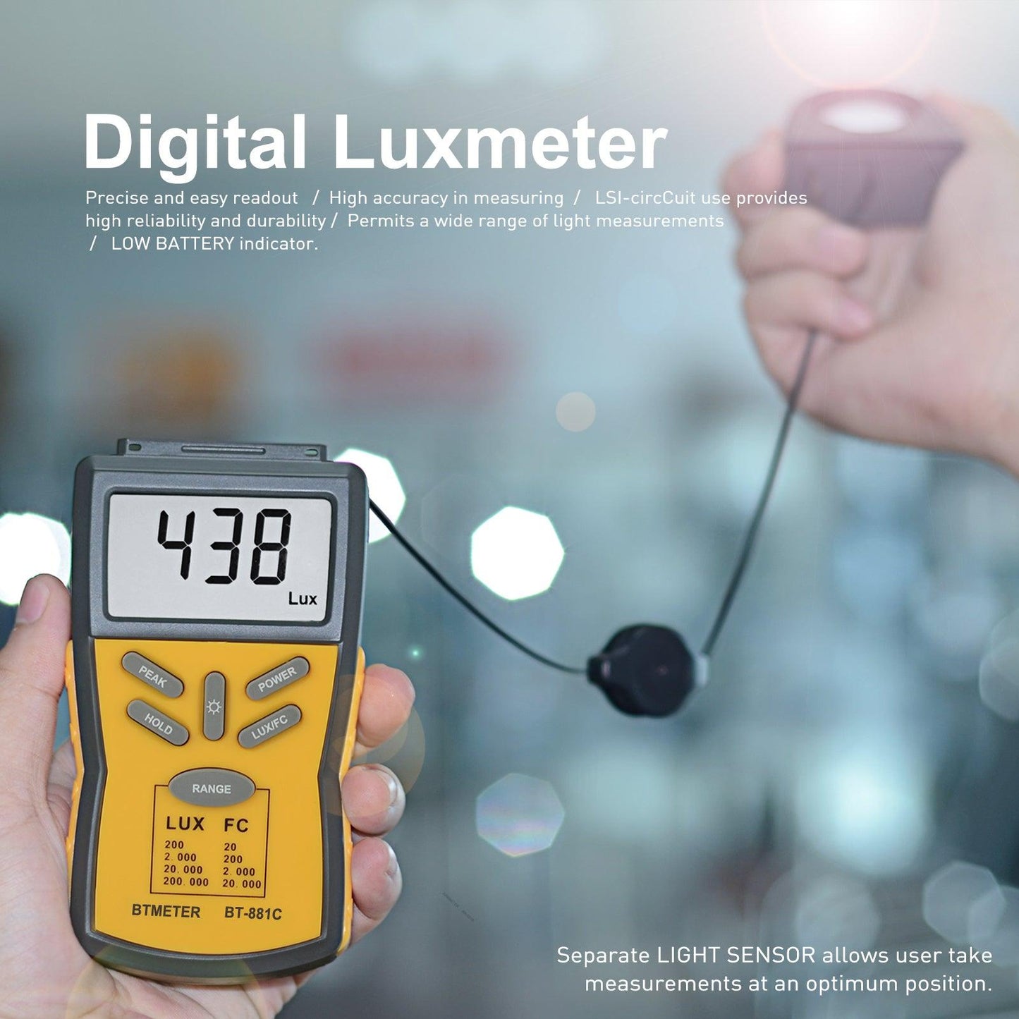 BTMETER BT-881C Digital Light Meter Lux Meter Lux/FC Unit Data Hold LCD Display - btmeter-store